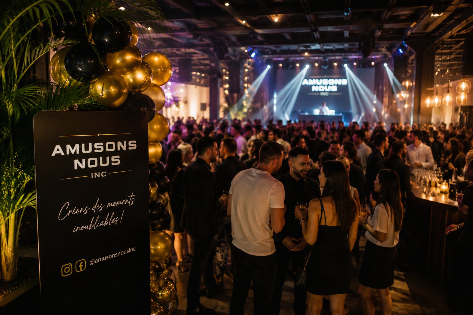 Panneau Amusons Nous Inc à l'entrée d'une soirée, ballons noir et or