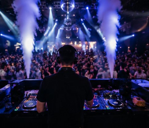 DJ devant la foule avec jets de fumée et boule disco