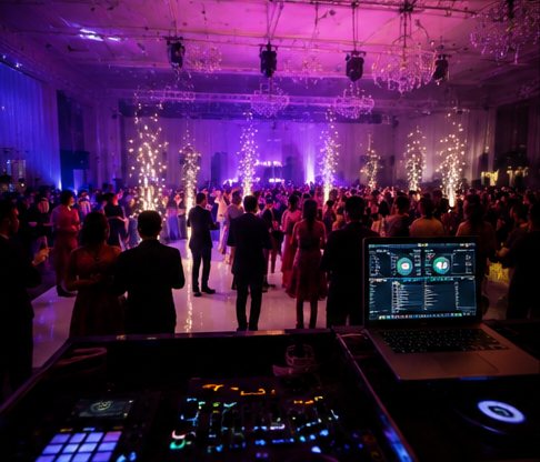 Console DJ face à une piste de danse illuminée