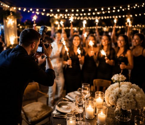 Photographe devant des invités aux cierges magiques
