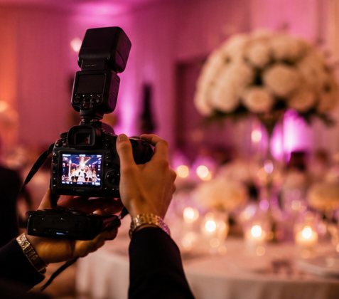 Appareil photo en action devant une table décorée